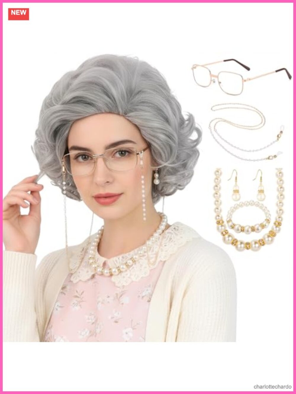 Old Lady Costume Set Short Curly Wig Glasses Pearl Jewelry Halloween Cosplay